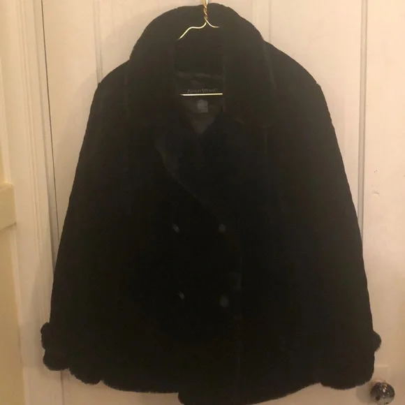 Ashley Stewart 1X Black Faux Fur Pea Coat - Picture 2 of 7